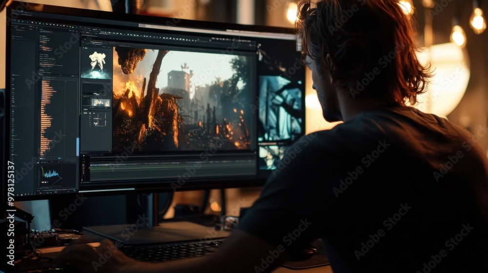 Poster a motion graphics artist editing a 3d animation scene, with keyframes and rendering options visible 