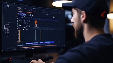 A motion graphics artist editing a 3D animation scene, with keyframes and rendering options visible on the screen.
