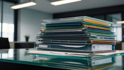 Business folders arranged neatly on a glass table in a modern office