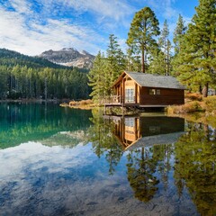 Fototapeta premium Serene Lakeside Cabin Reflected in Crystal Clear Waters, Surrounded by Pines