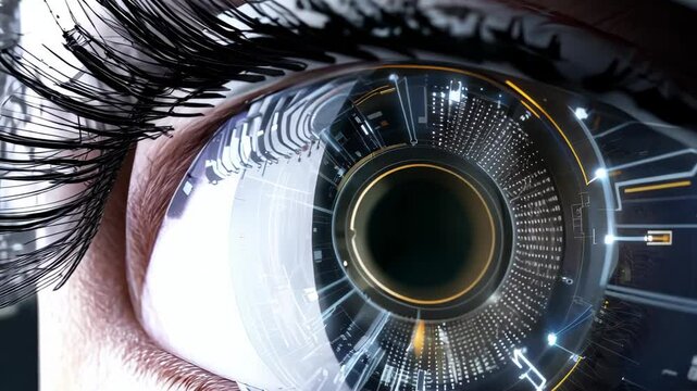 A close-up of a futuristic human eye, featuring intricate digital patterns and glowing elements in the iris, blending organic and technological aspects.