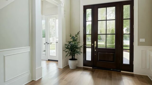 Bright and airy entryway showcasing elegant design. A curving wooden staircase and large windows fill the space with light, complemented by a dark wood front door and vibrant greenery.