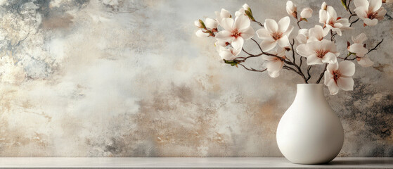 A white ceramic flower vase with tall slim shape holds delicate blossoms against textured background, creating serene and elegant atmosphere..