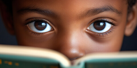 Eager Learner: A young student's face, filled with curiosity and determination, peeking over a textbook.