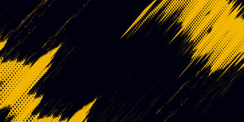 Halftone yellow dots pattern and black gradient grunge texture background. Dotted line comic sport style vector illustration.