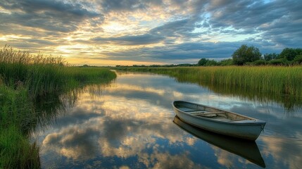 Obraz premium A peaceful river reflecting a cloudy sky, with a lone rowboat drifting near the shore lined with tall grass.