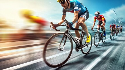 Obraz premium Professional cyclist racing at high speed on a highway, competing with fellow athletes in a thrilling competitive sports event.
