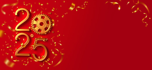 Creative 2025 New Year design template with cogwheels. 3D render illustration on a construction, engineering and maintenance theme.