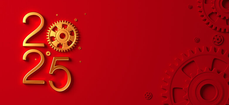 Creative 2025 New Year design template with cogwheels. 3D render illustration on a construction, engineering and maintenance theme.