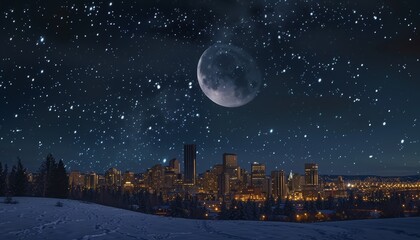 Naklejka premium Urban skyline during twilight under a star-studded sky.