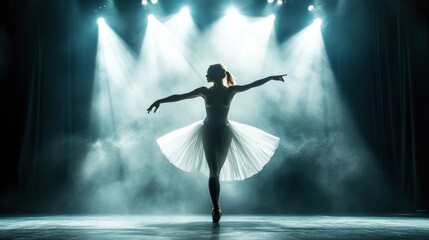 A professional dancer performing a solo ballet routine, with her movements beautifully captured under stage lights.