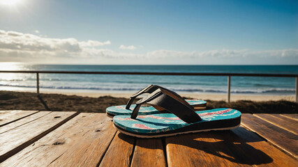 Obraz premium Pair of flip flops resting on a wooden deck near a beach scene