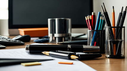 Pens and office supplies neatly organized on a corporate desk