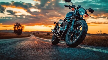 Naklejka premium A motorcycle parked on the side of an empty road with a beautiful sunset sky in the background.