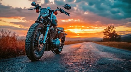 Naklejka premium A motorcycle parked on the side of an empty road with a beautiful sunset sky in the background.