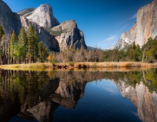 Obraz premium Serene Reflections in Yosemite's Mirror Lake, Surrounded by Towering Cliffs