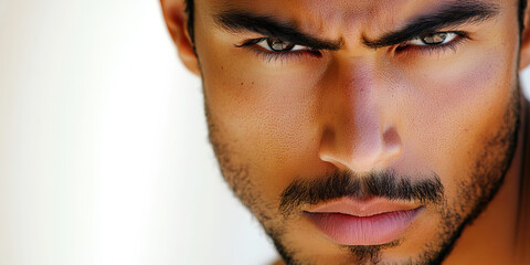 Minimalist Mugshot: A focused individual's close-up portrait, neutral expression against a white background.