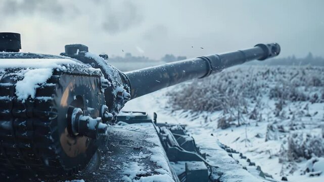 A military tank sits in a snowy landscape, partially covered in snow. turret and barrel highlight its rugged design against a serene winter backdrop, symbolizing strength and resilience.