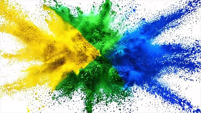 Brazil flag colors burst blue yellow green. Colorful powder particles explosion isolated on white background