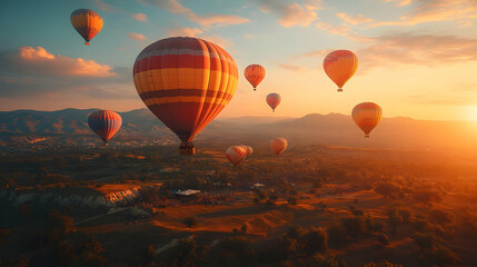 Obraz premium Hot Air Balloons in the Sky Over a Landscape Illustration