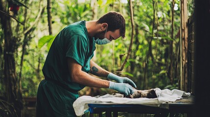 Dedicated wildlife veterinarian carefully tending to an injured animal in its natural habitat, showcasing compassion and expertise in animal welfare. 