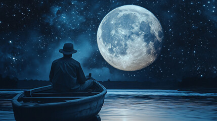 A man sits in a boat on a lake at night, with the sky full with stars and a giant full moon.