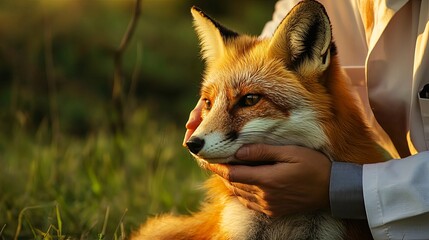 Fototapeta premium Dedicated wildlife veterinarian carefully tending to an injured animal in its natural habitat, showcasing compassion and expertise in animal welfare. 