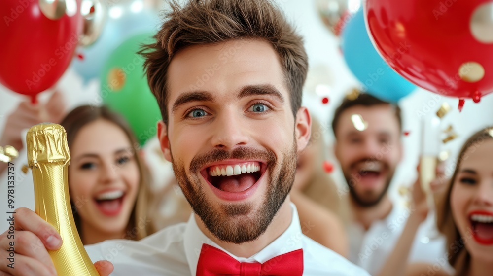 Poster A man with a smile holding up champagne bottle in front of group, AI