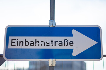 German one-way street sign, close-up.