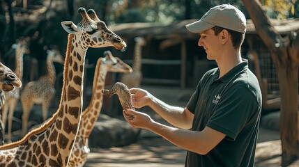 Experienced zookeeper interacting with exotic animals during feeding, showcasing the unique bond between caretaker and wildlife.