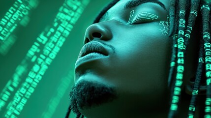 A close up of a man with dreadlocks and green glowing eyes, AI