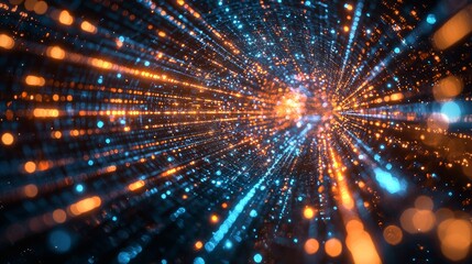 Obraz premium Abstract blue and orange glowing light streaks in digital tunnel