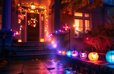 Funny glowing jack-o'-lanterns illuminating decorated  front porch house and  walkway. Halloween home decor.  Happy Halloween.