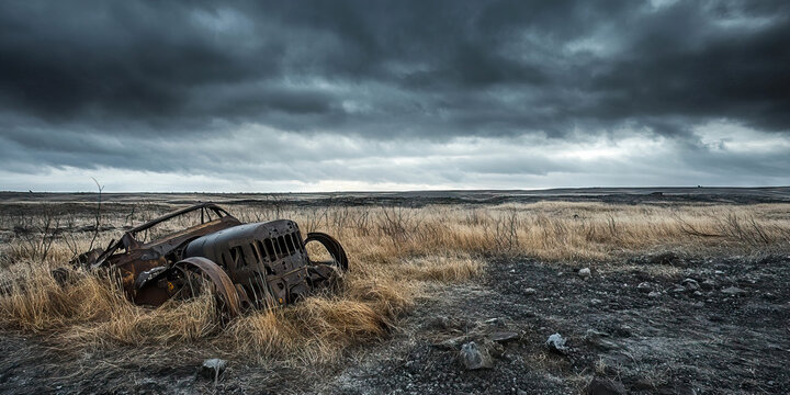 Barren Battlefield: A desolate landscape of twisted metal and abandoned weaponry under a bleak sky.