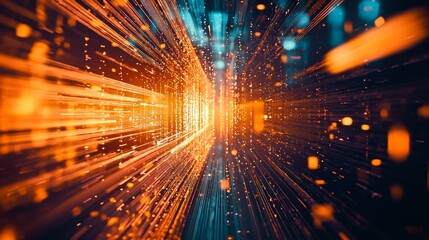 Abstract glowing orange and blue digital light streaks