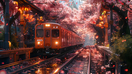 Fototapeta premium Train Under Cherry Blossoms - Digital Illustration