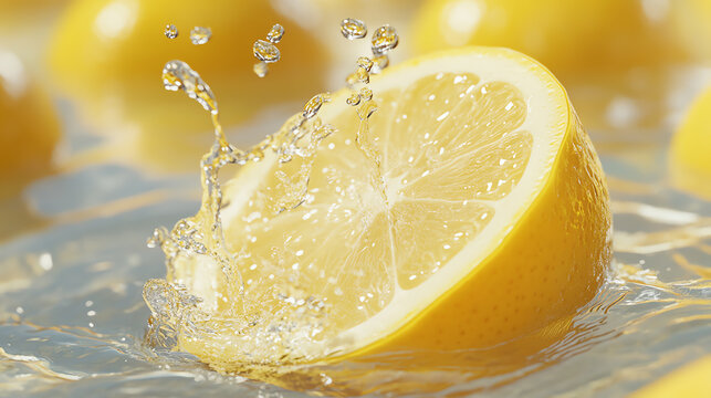 Fresh lemon slice splashing in clear water, capturing vibrant colors and juicy details, ideal for culinary and health themes.