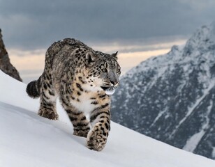 Obraz premium Silent Hunter: Snow Leopard Stalking Prey in a Snow-Covered Mountain