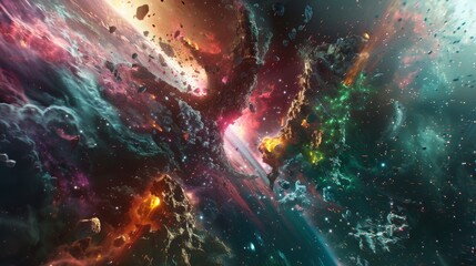 Spectacular Cosmic Clash Futuristic Science Fantasy Battle in Vibrant Technicolor