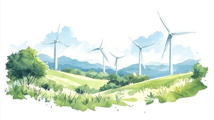 Serene sunrise casting soft light over wind turbines neatly lined across lush green hills, blending nature with technology, painted in delicate watercolor strokes