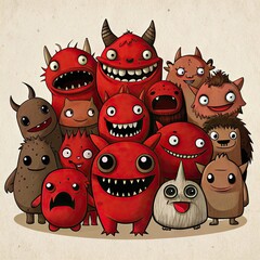 Obraz premium Doodle Monsters Collection Cute Quirky Creatures Hand Drawn Pencil Sketch Tightly Packed Imaginative Character Design Illustration. Pencil doodle art of cute quirky monsters tightly packed with sharp