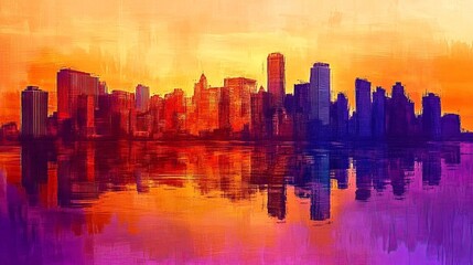 Fototapeta premium Abstract city skyline at sunset, featuring a stunning blend of warm oranges and purples that capture the urban landscape at its most enchanting hour.