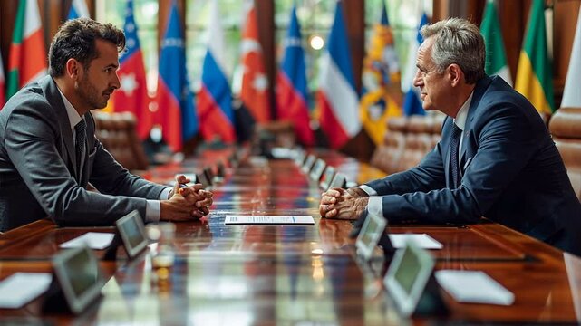 International Diplomacy: Two serious businessmen engage in a critical discussion across a long conference table, national flags forming a backdrop of global politics.