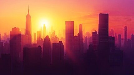 Fototapeta premium Abstract city skyline at sunset, featuring a stunning blend of warm oranges and purples that capture the urban landscape at its most enchanting hour.