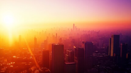 Obraz premium Abstract city skyline at sunset, featuring a stunning blend of warm oranges and purples that capture the urban landscape at its most enchanting hour.