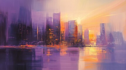 Obraz premium Abstract city skyline at sunset, featuring a stunning blend of warm oranges and purples that capture the urban landscape at its most enchanting hour.