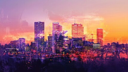 Obraz premium Abstract city skyline at sunset, featuring a stunning blend of warm oranges and purples that capture the urban landscape at its most enchanting hour.