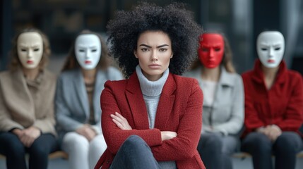 Role selection: person examines masks emotions, assessing which expression best fits their current psychological state, struggle between true self, adopted facades in different social contexts.