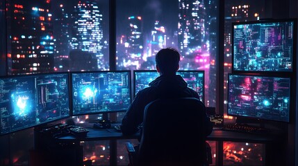 Cyberpunk hacker hunched over a desk, dark room filled with holographic displays, neon lights from the city outside casting a futuristic glow