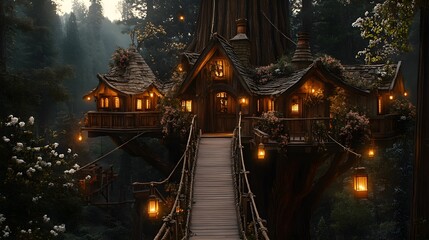 Fototapeta premium Cozy wooden treehouses perched in majestic sequoias, linked by rope bridges, with whimsical details like hanging lanterns and flowers in bloom